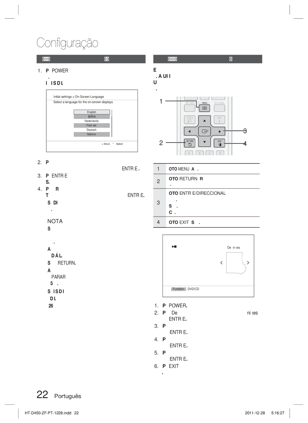 Samsung HT-D455/ZF manual Conﬁguração, Antes de começar Deﬁnições iniciais, Deﬁnir o menu de conﬁguração 