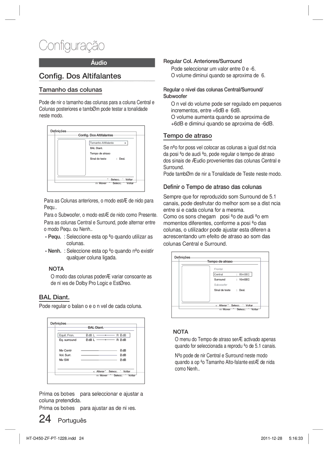 Samsung HT-D455/ZF manual Conﬁg. Dos Altifalantes, Áudio 