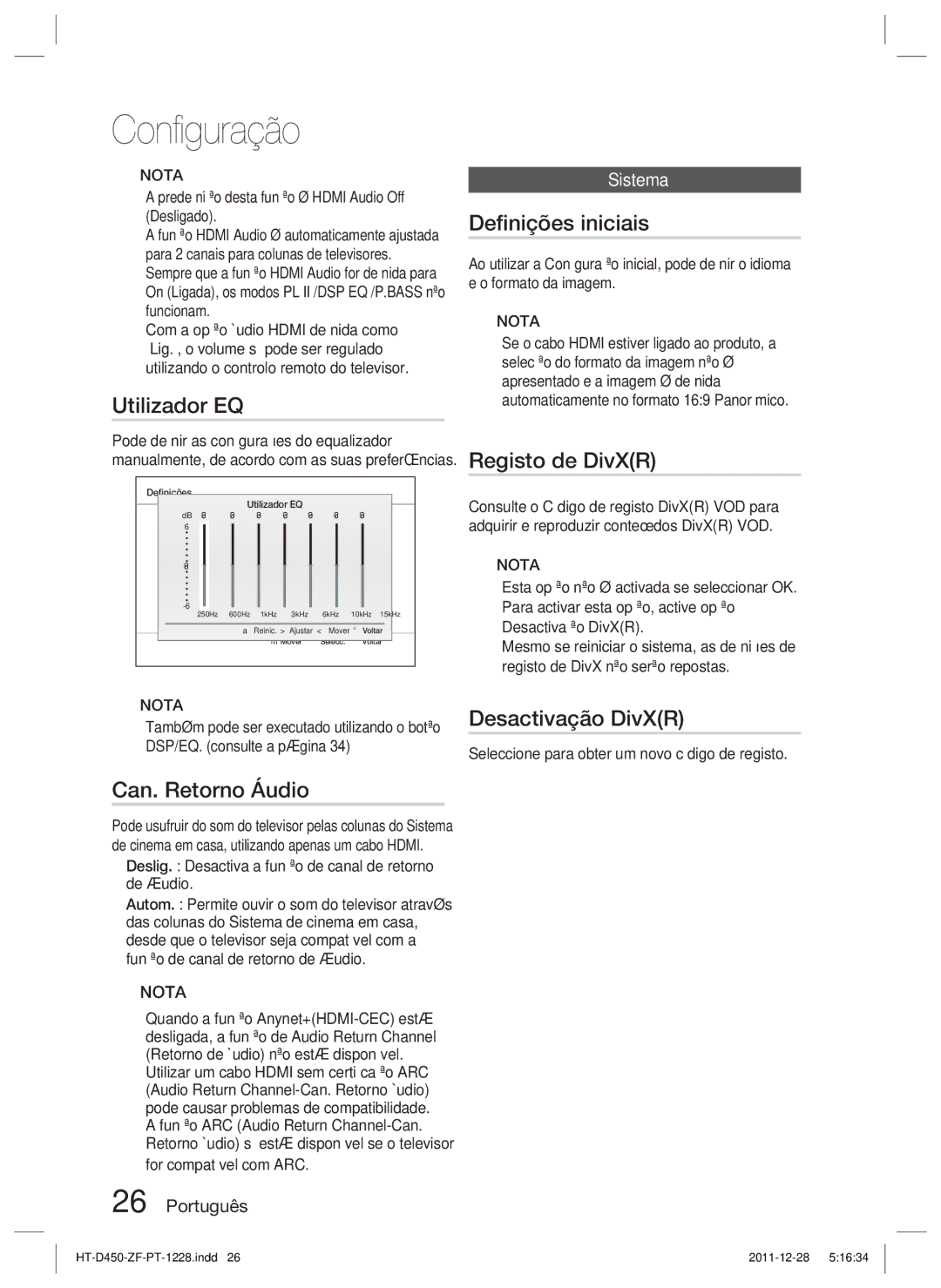 Samsung HT-D455/ZF manual Utilizador EQ, Can. Retorno Áudio, Deﬁnições iniciais, Registo de DivXR, Desactivação DivXR 