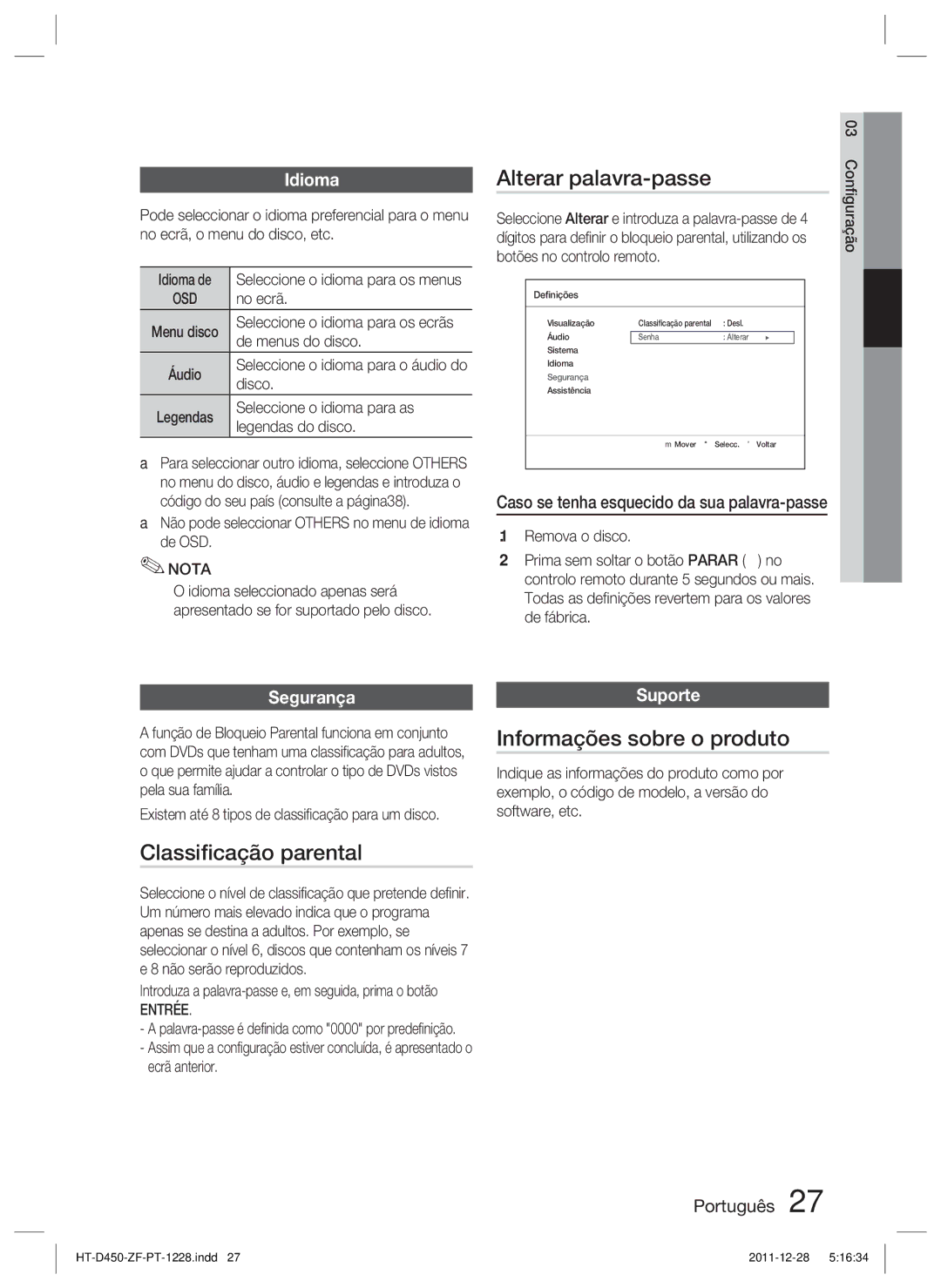Samsung HT-D455/ZF manual Alterar palavra-passe, Classiﬁcação parental, Informações sobre o produto, Segurança, Suporte 