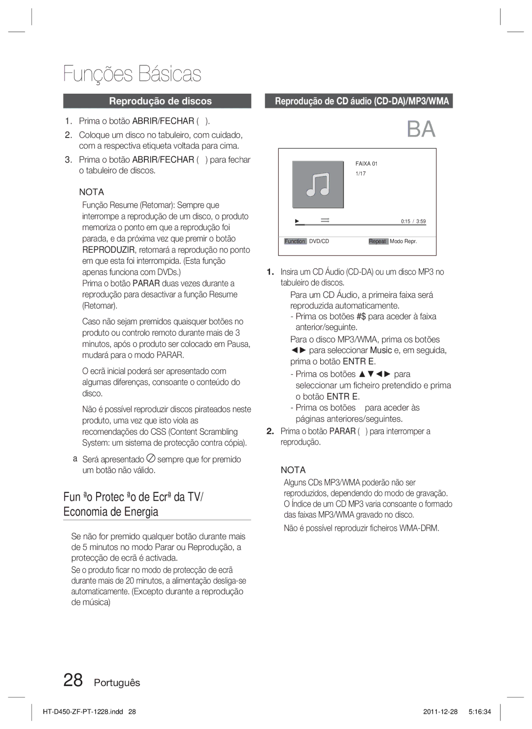 Samsung HT-D455/ZF manual Funções Básicas, Função Protecção de Ecrã da TV/ Economia de Energia, Reprodução de discos 