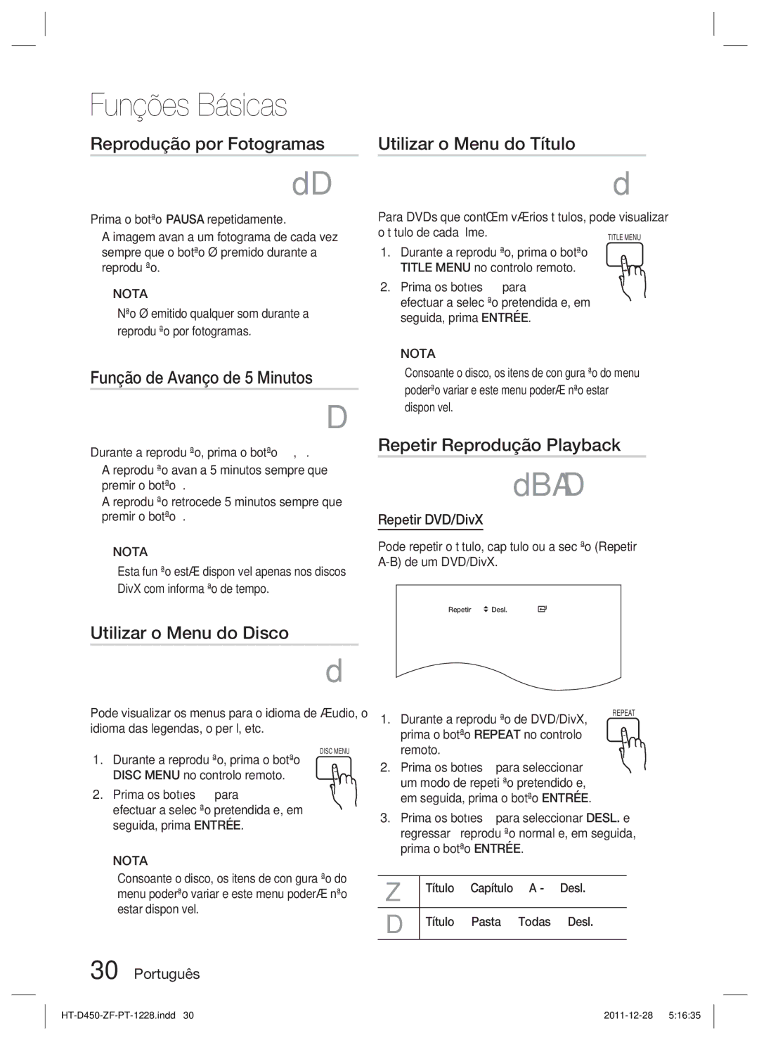 Samsung HT-D455/ZF manual Reprodução por Fotogramas, Função de Avanço de 5 Minutos, Repetir Reprodução Playback 