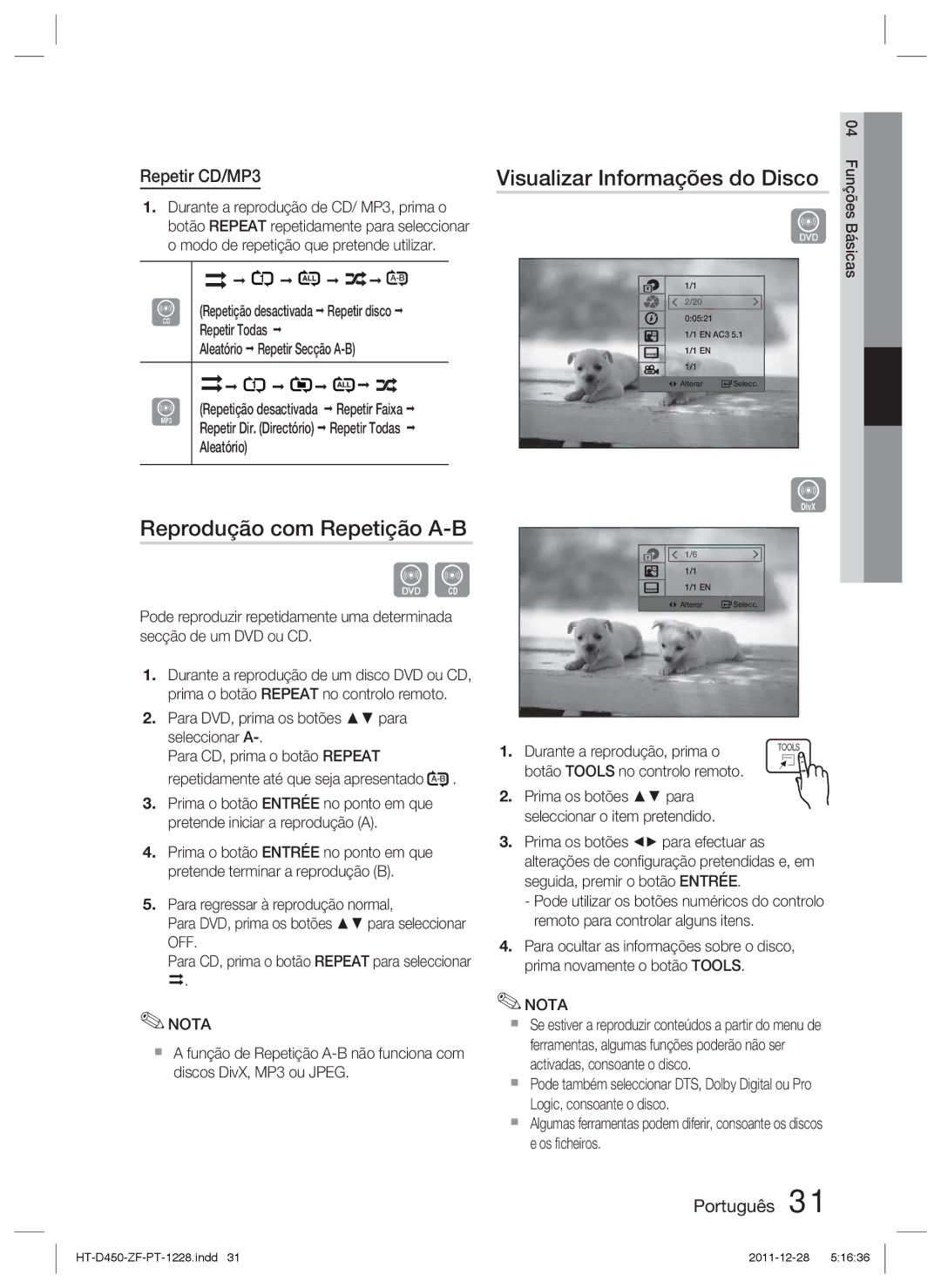 Samsung HT-D455/ZF manual Visualizar Informações do Disco, Reprodução com Repetição A-B 