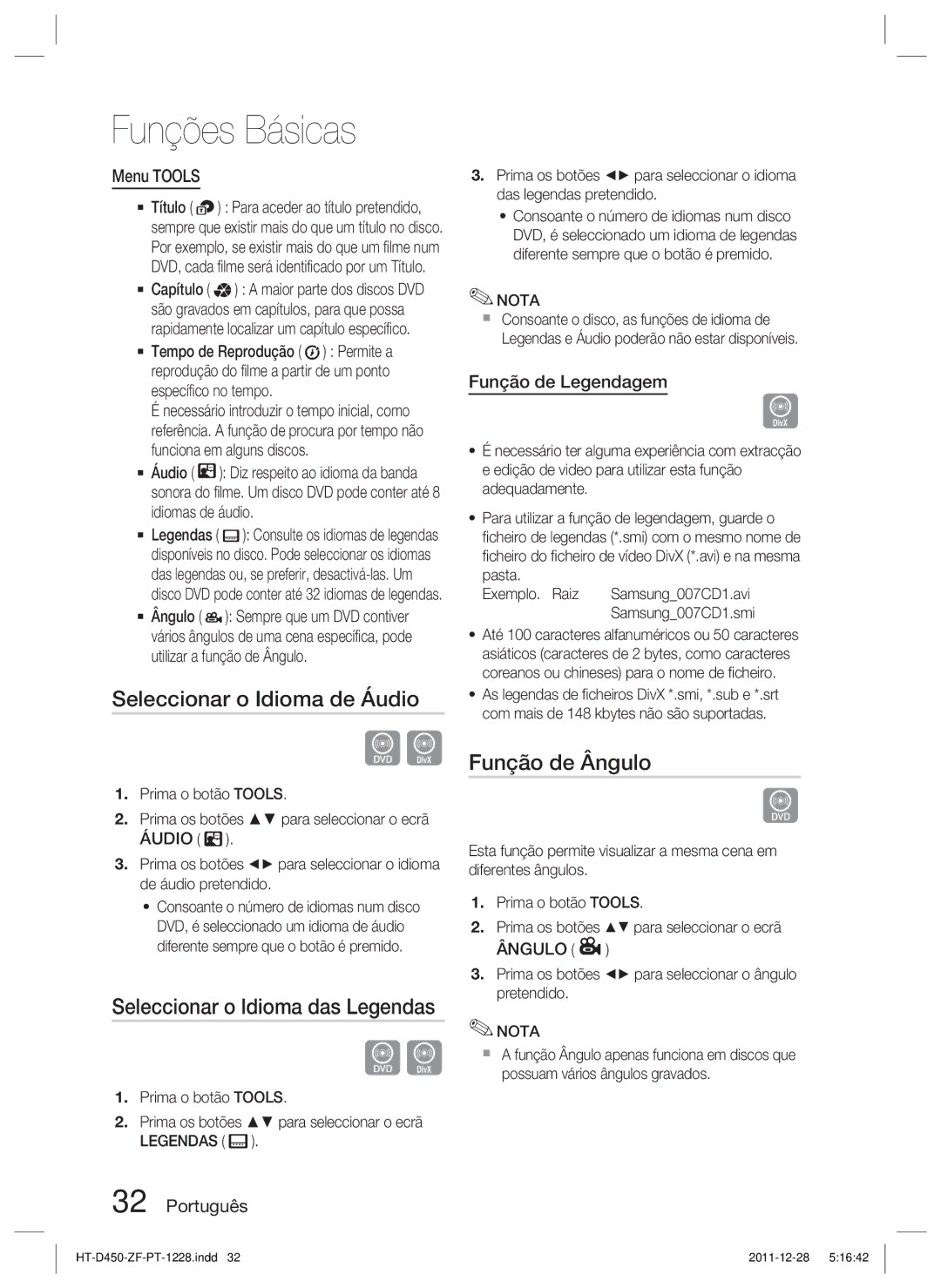 Samsung HT-D455/ZF manual Seleccionar o Idioma de Áudio, Seleccionar o Idioma das Legendas, Função de Ângulo 