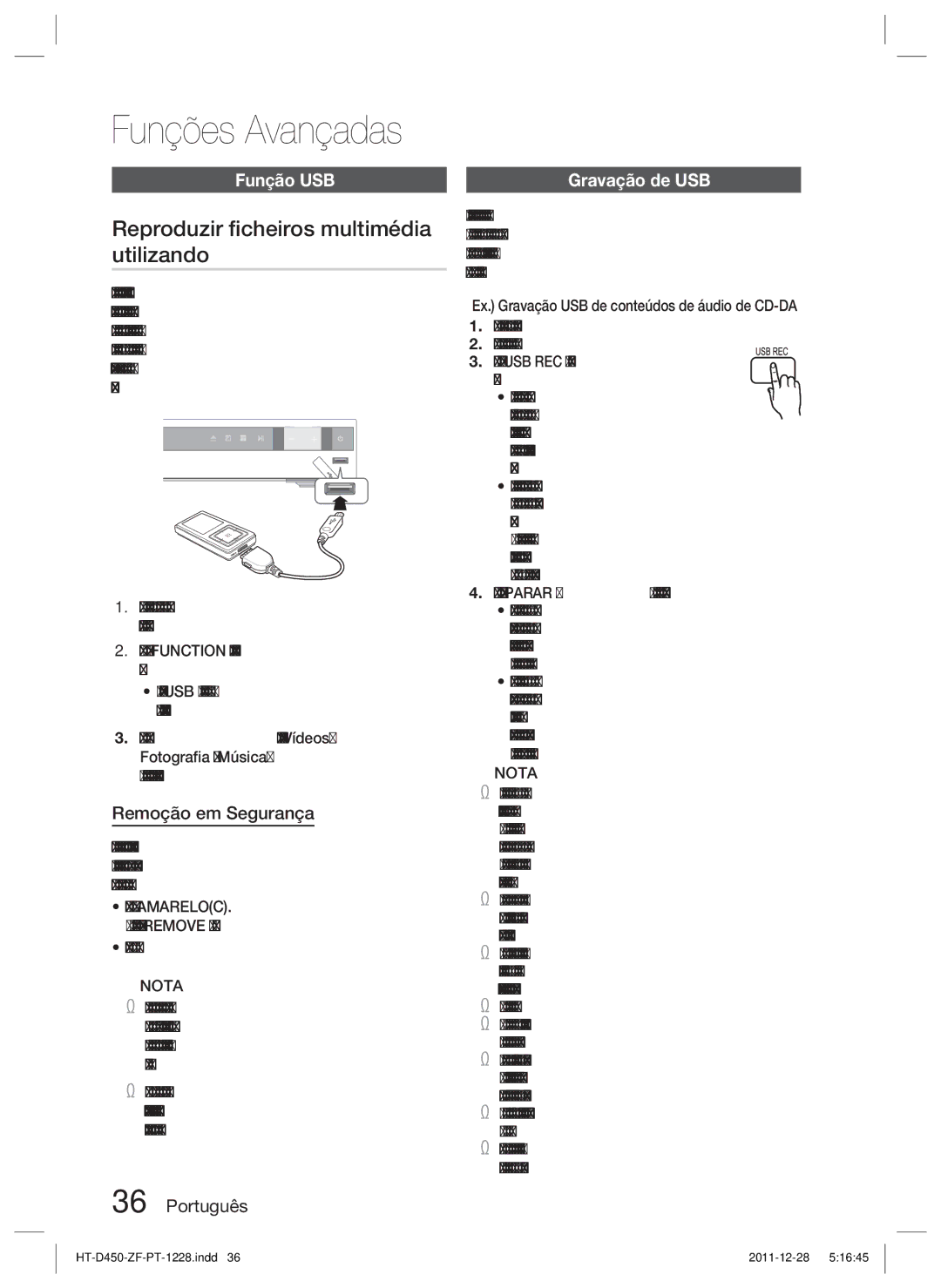 Samsung HT-D455/ZF manual Reproduzir ﬁcheiros multimédia utilizando, Função USB, Remoção em Segurança, Gravação de USB 