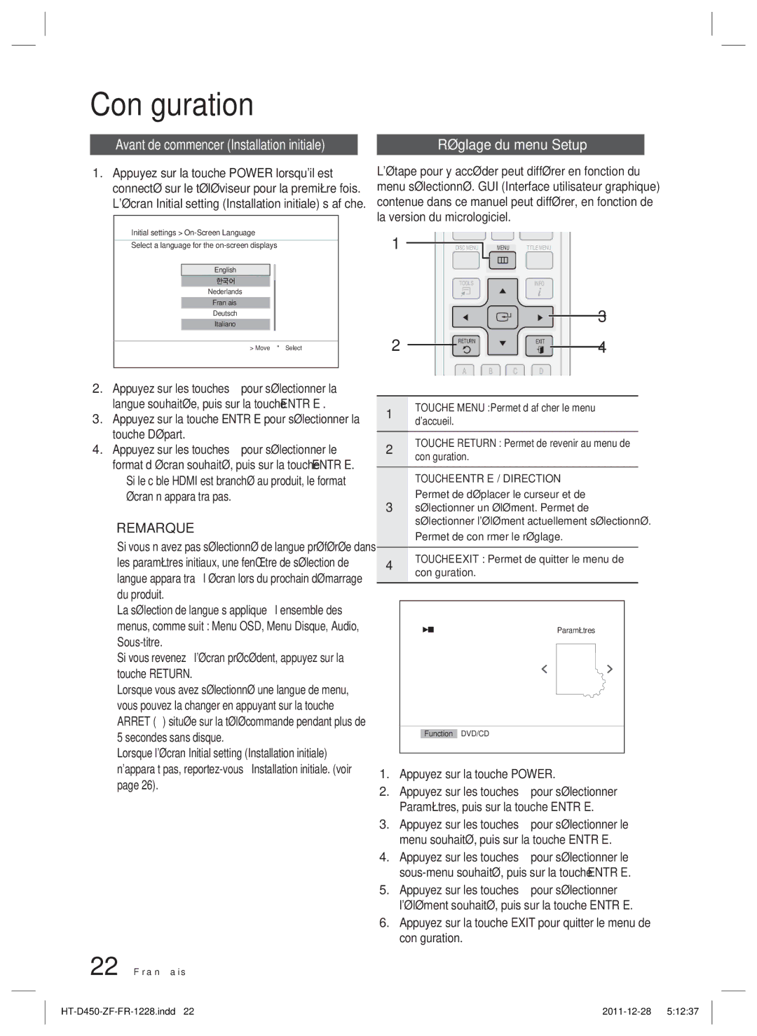Samsung HT-D455/ZF manual Conﬁguration, Réglage du menu Setup, Appuyez sur la touche Power 