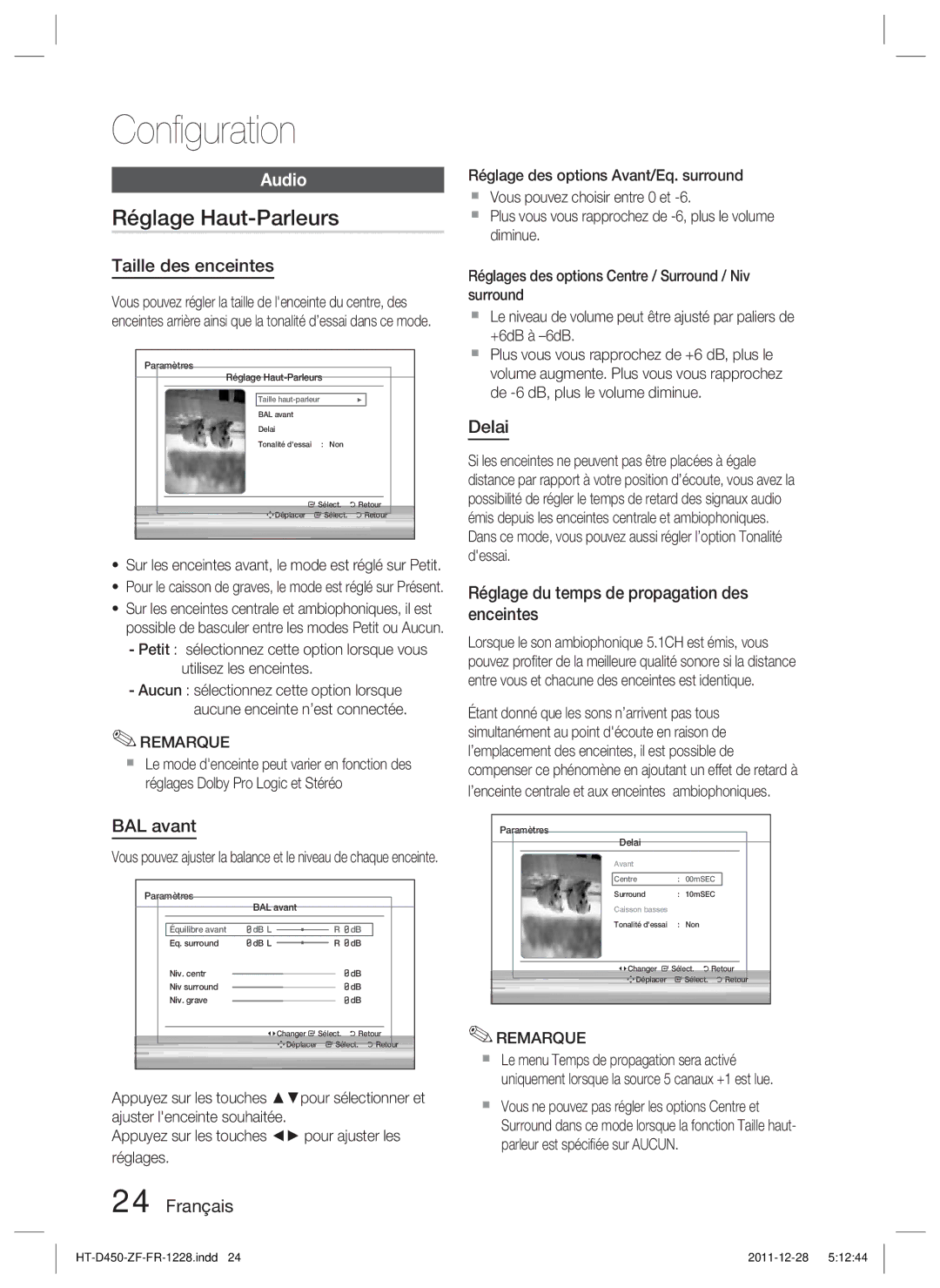 Samsung HT-D455/ZF manual Réglage Haut-Parleurs, Audio 