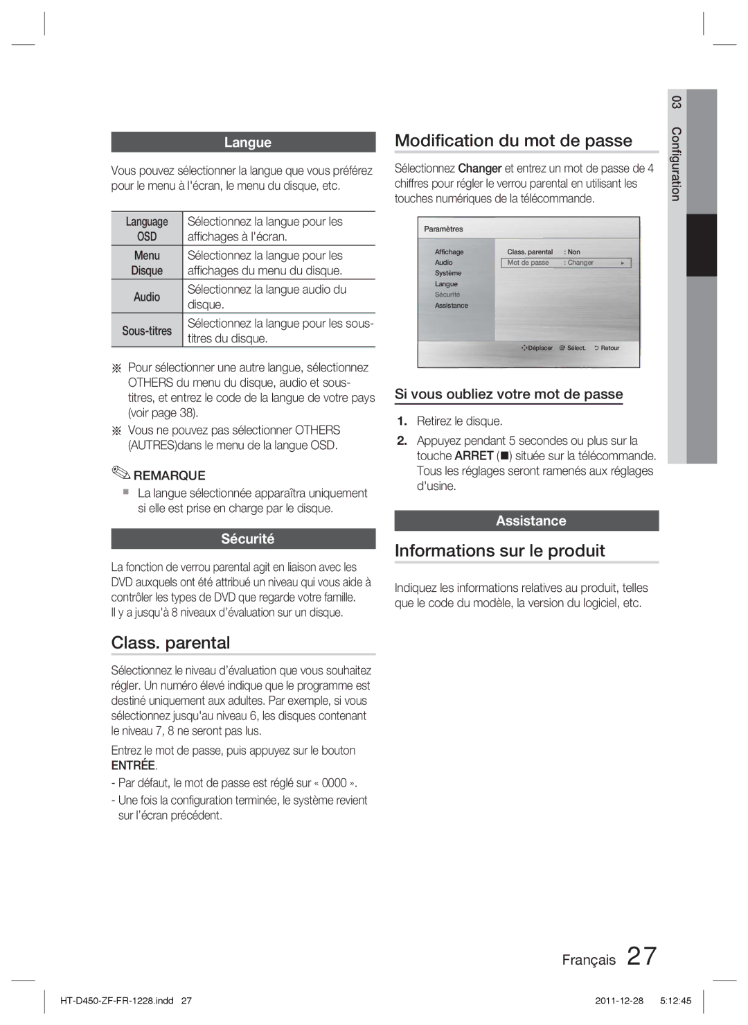 Samsung HT-D455/ZF manual Class. parental, Modiﬁcation du mot de passe, Informations sur le produit 