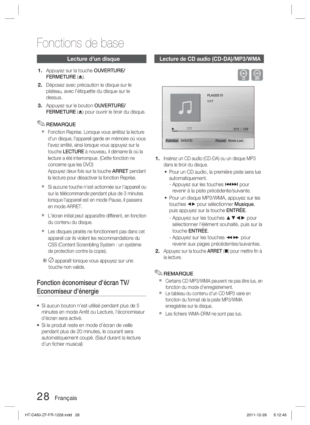 Samsung HT-D455/ZF manual Fonctions de base, Lecture d’un disque, Lecture de CD audio CD-DA/MP3/WMA 