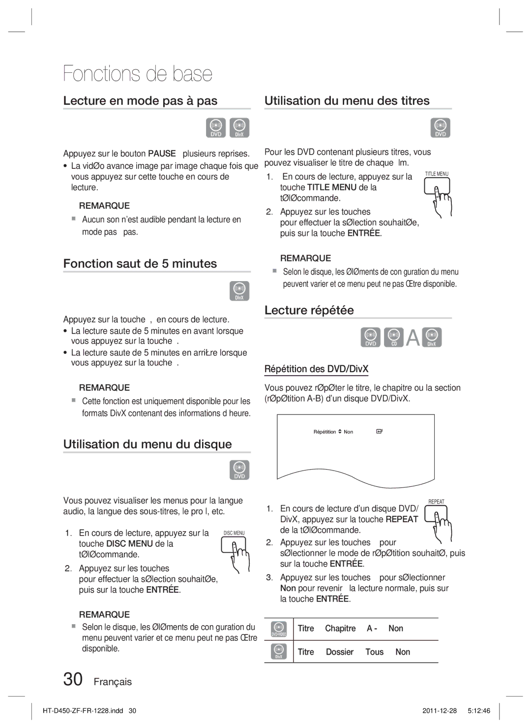 Samsung HT-D455/ZF Lecture en mode pas à pas, Fonction saut de 5 minutes, Utilisation du menu du disque, Lecture répétée 