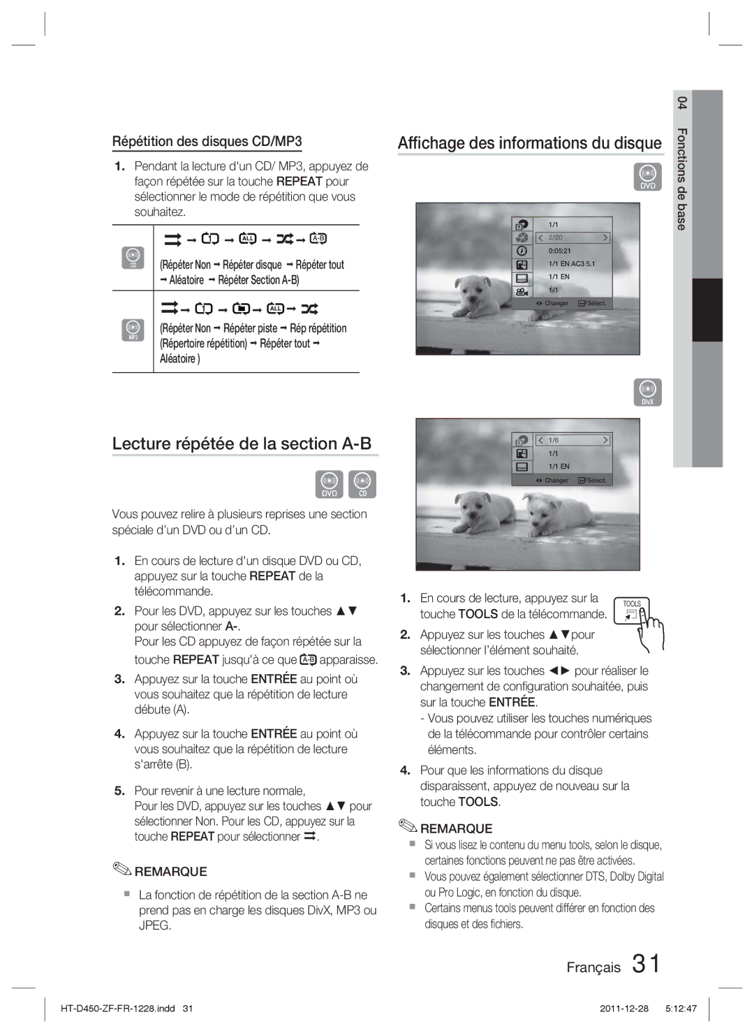 Samsung HT-D455/ZF manual Lecture répétée de la section A-B, Afﬁchage des informations du disque 