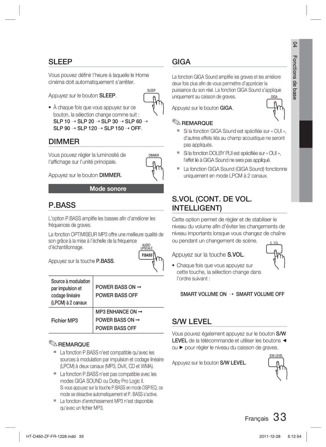 Samsung HT-D455/ZF manual Sleep, Dimmer, Bass, Giga, VOL CONT. DE VOL Intelligent, Level 