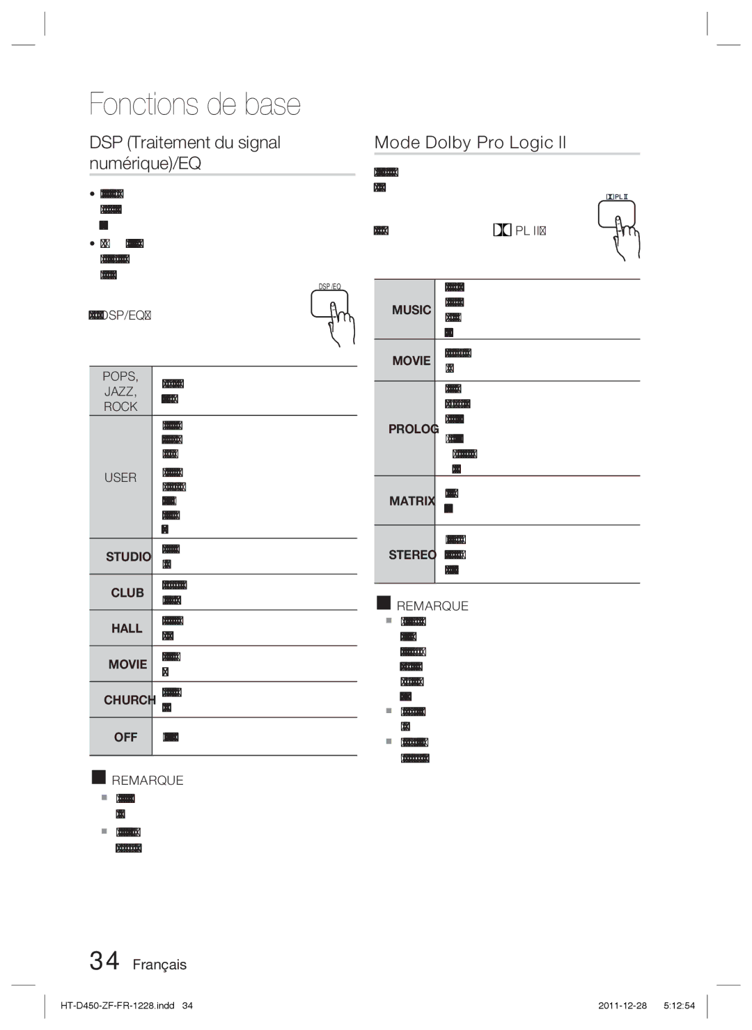 Samsung HT-D455/ZF manual DSP Traitement du signal numérique/EQ, Mode Dolby Pro Logic ll, Pops, User EQ Util » 