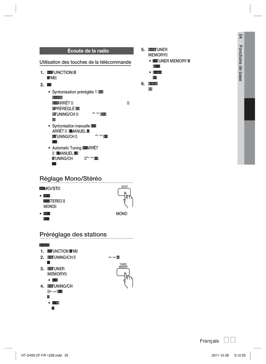 Samsung HT-D455/ZF manual Réglage Mono/Stéréo, Préréglage des stations, Écoute de la radio, Memory 