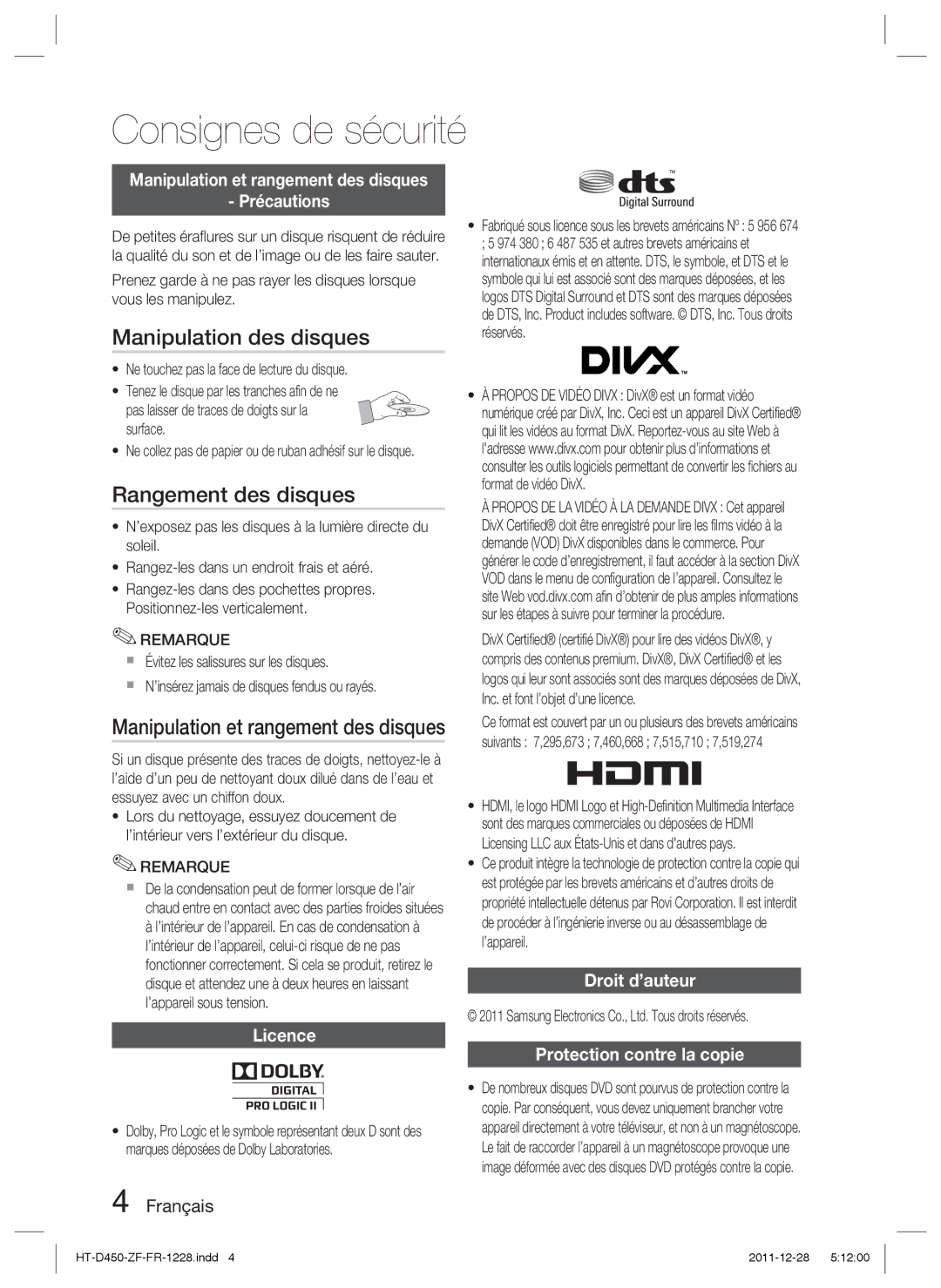 Samsung HT-D455/ZF manual Manipulation des disques, Rangement des disques, Manipulation et rangement des disques 