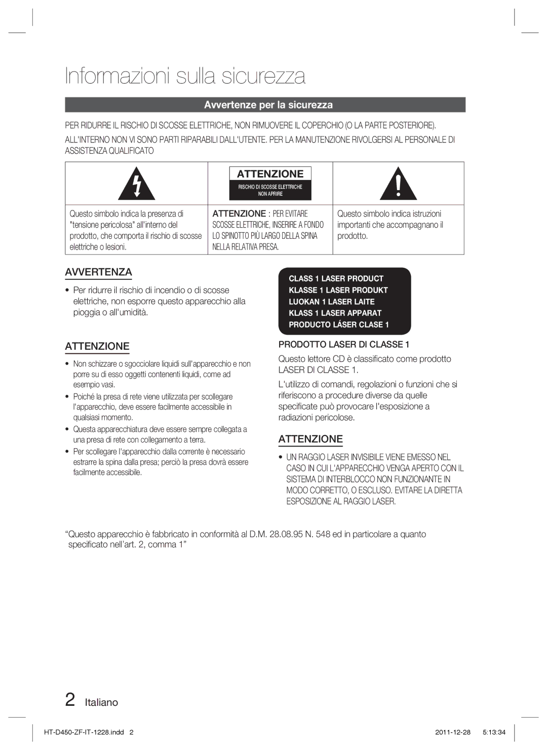 Samsung HT-D455/ZF manual Informazioni sulla sicurezza, Avvertenze per la sicurezza, Italiano 