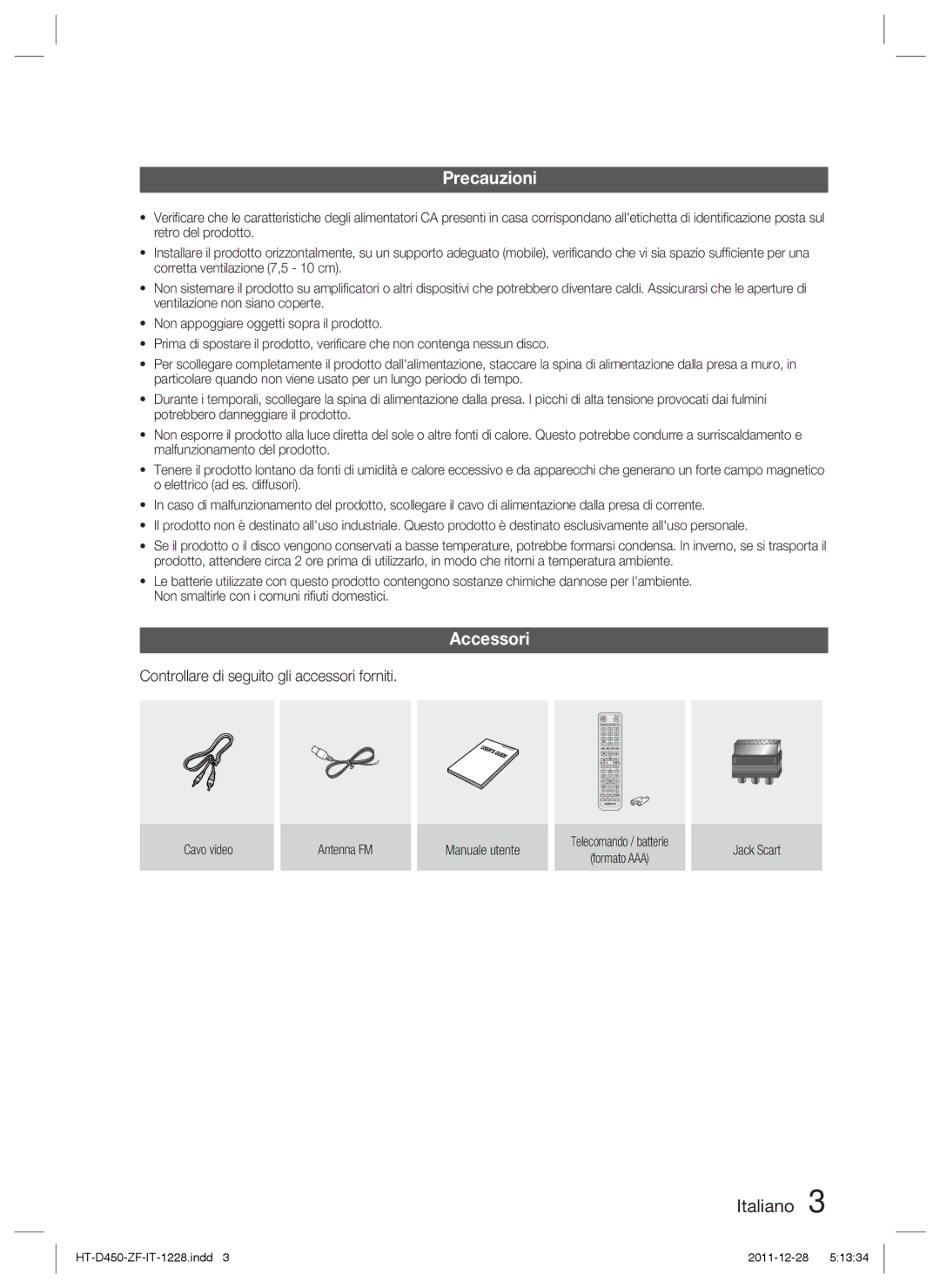 Samsung HT-D455/ZF manual Precauzioni, Accessori, Controllare di seguito gli accessori forniti 
