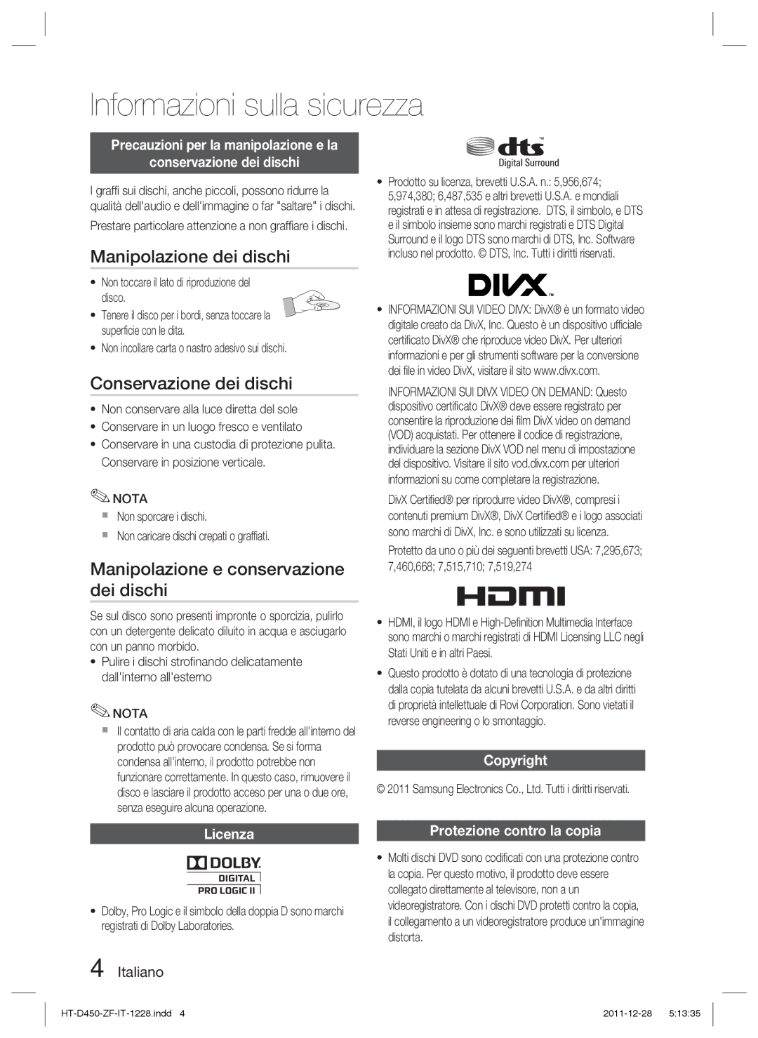 Samsung HT-D455/ZF manual Manipolazione dei dischi, Conservazione dei dischi, Manipolazione e conservazione dei dischi 
