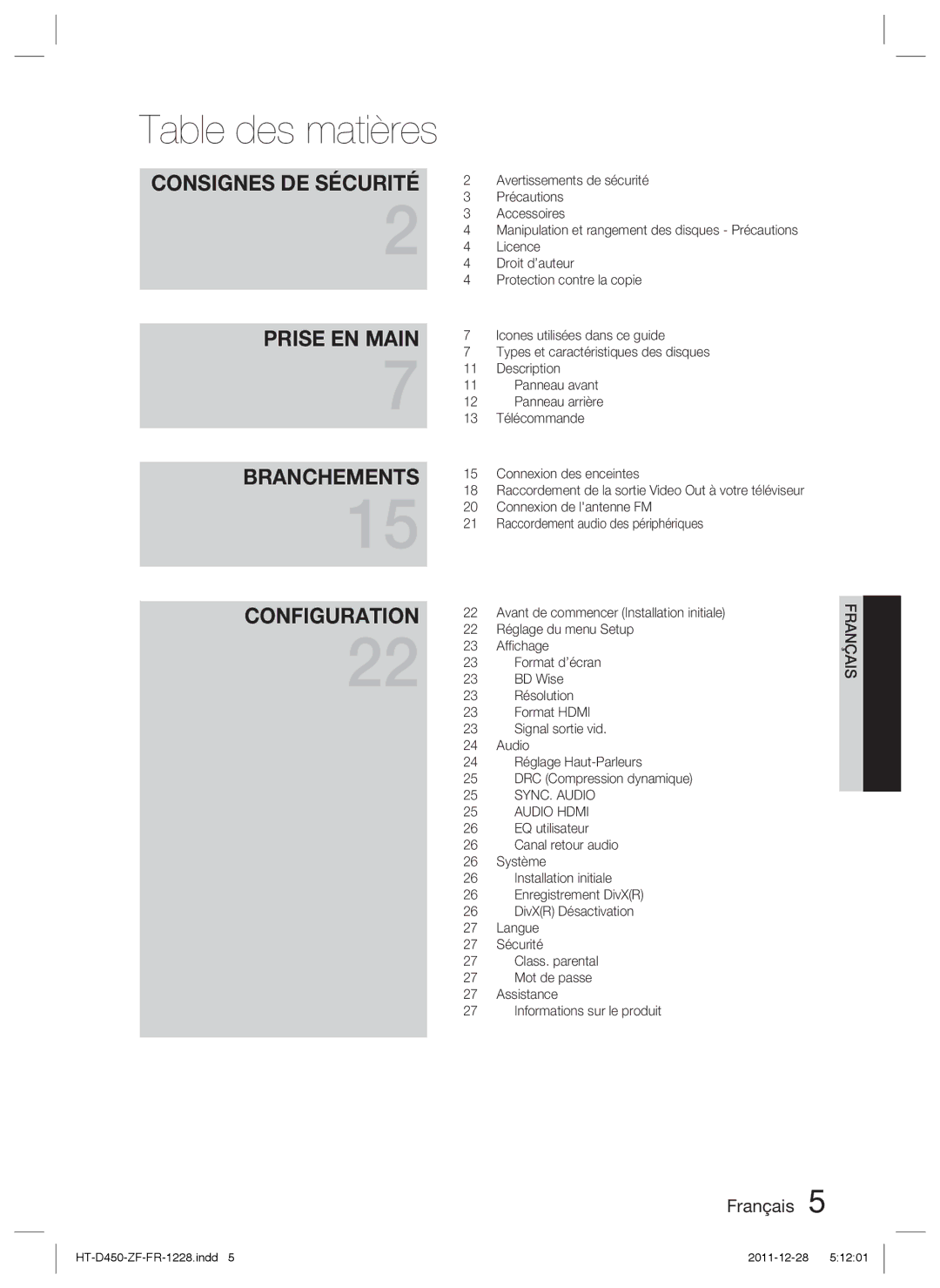 Samsung HT-D455/ZF manual Table des matières 