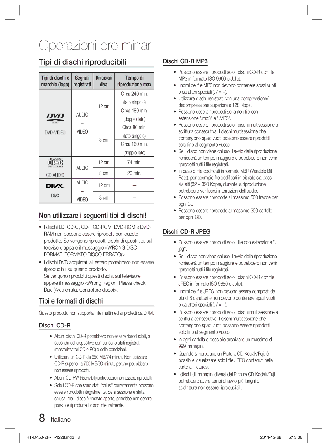 Samsung HT-D455/ZF manual Tipi di dischi riproducibili, Non utilizzare i seguenti tipi di dischi, Tipi e formati di dischi 