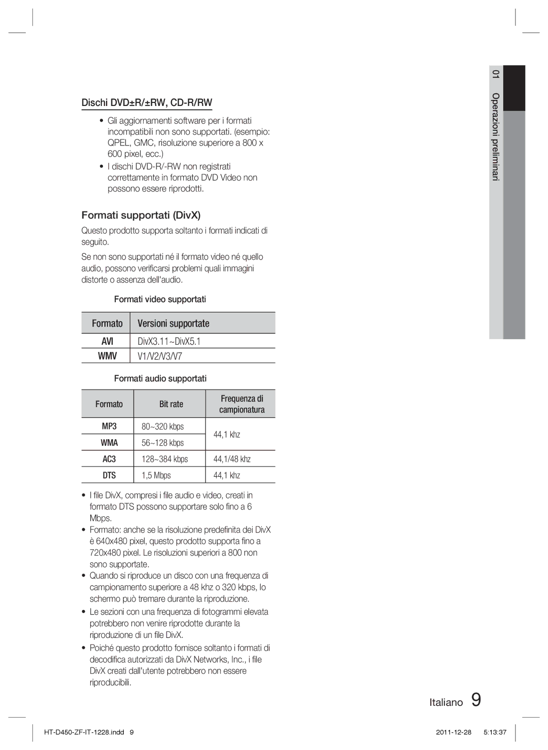 Samsung HT-D455/ZF manual Dischi DVD±R/±RW, CD-R/RW, Formati supportati DivX 