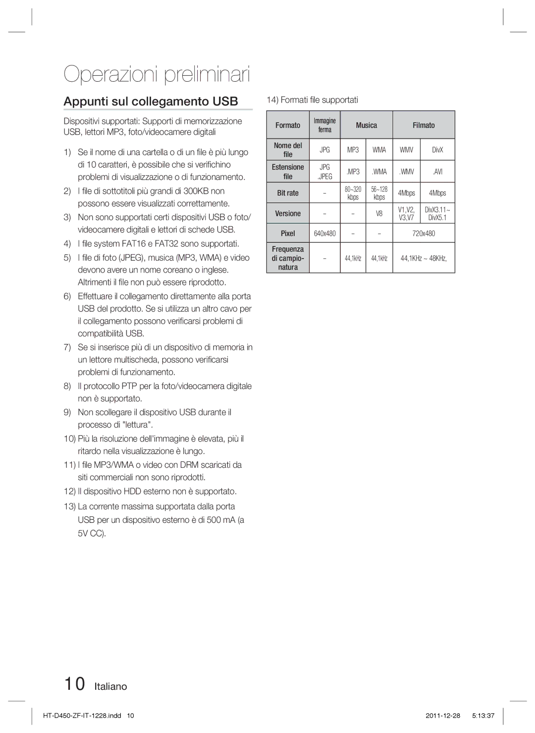 Samsung HT-D455/ZF manual Appunti sul collegamento USB, ﬁle system FAT16 e FAT32 sono supportati 