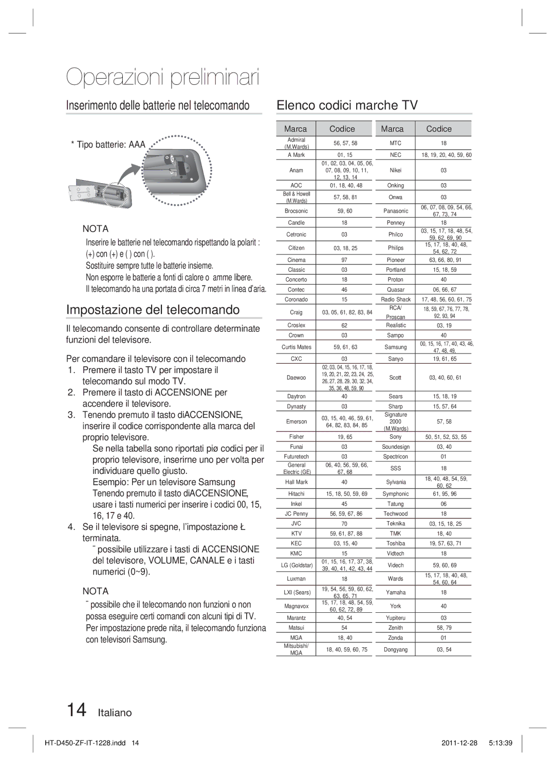 Samsung HT-D455/ZF manual Elenco codici marche TV, Impostazione del telecomando, Inserimento delle batterie nel telecomando 