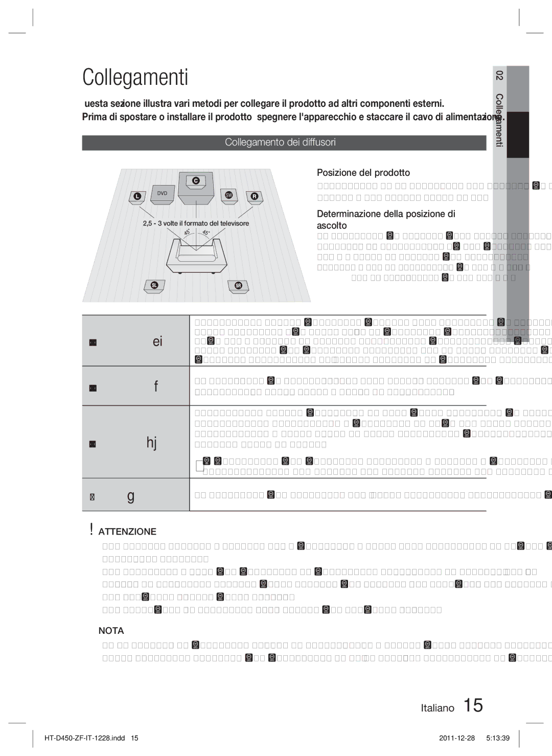 Samsung HT-D455/ZF manual Collegamenti, Collegamento dei diffusori, Attenzione 