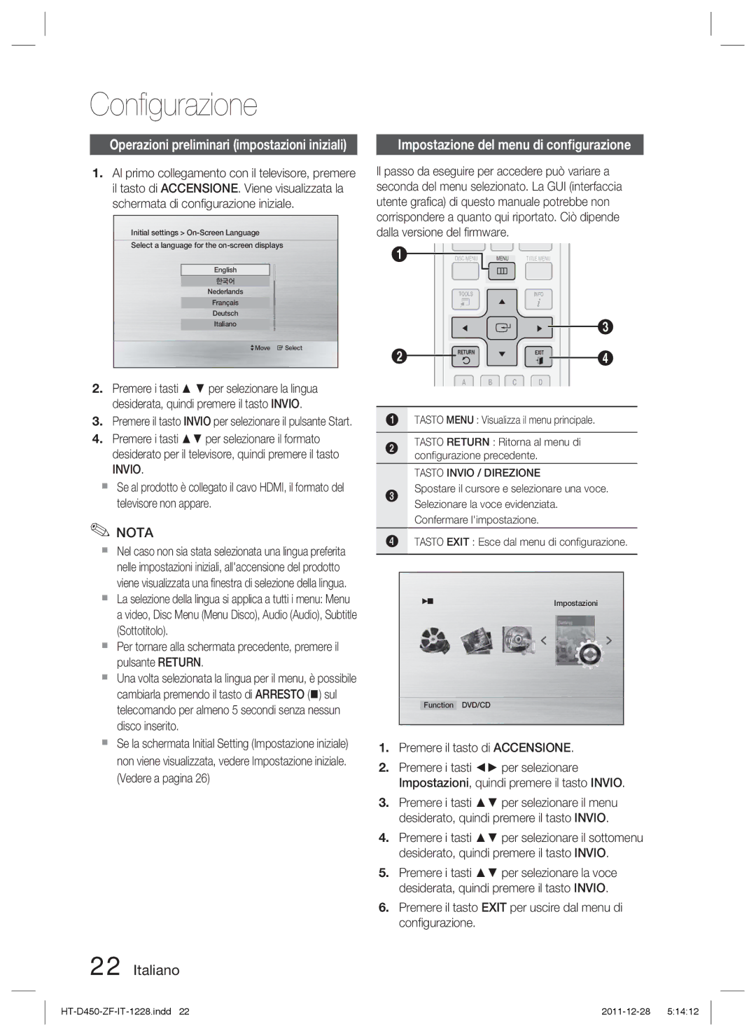 Samsung HT-D455/ZF manual Conﬁgurazione, Impostazione del menu di conﬁgurazione, Invio, Premere il tasto di Accensione 