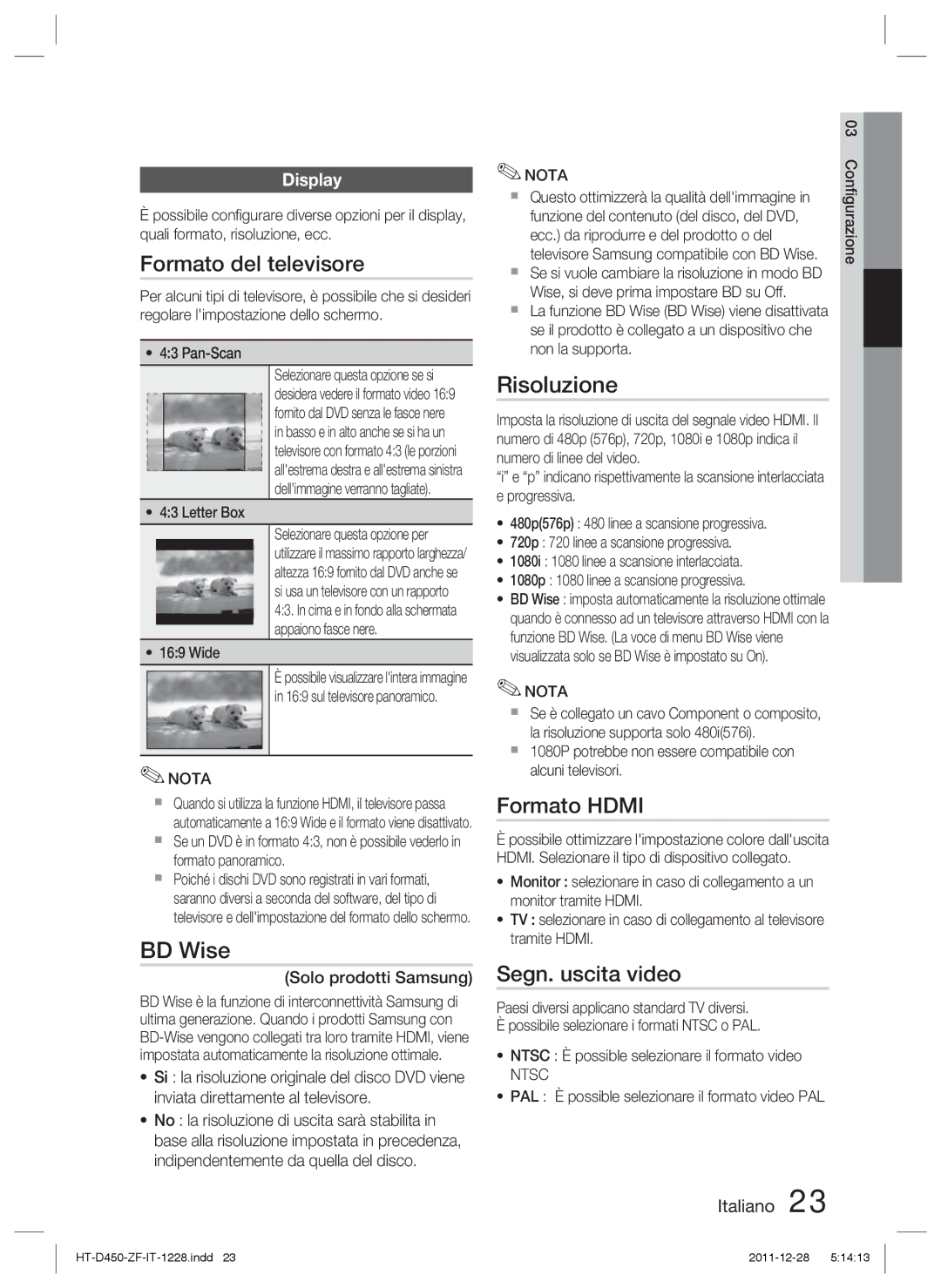 Samsung HT-D455/ZF manual Formato del televisore, Risoluzione, Formato Hdmi, Segn. uscita video, Display 