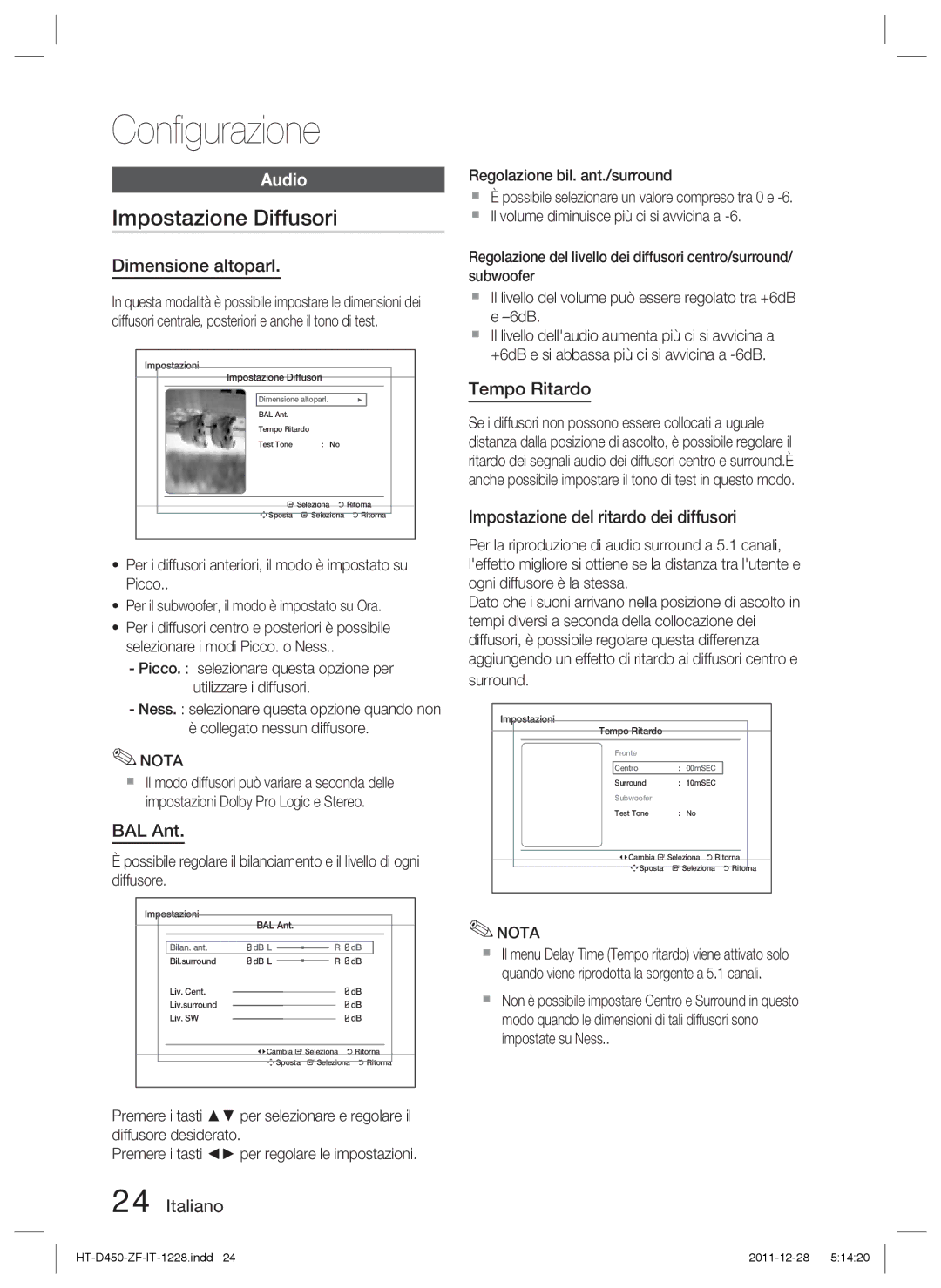 Samsung HT-D455/ZF manual Impostazione Diffusori, Dimensione altoparl, BAL Ant, Tempo Ritardo 