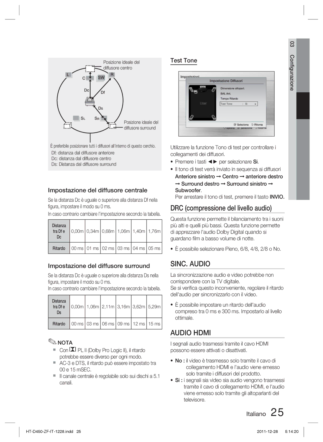 Samsung HT-D455/ZF manual DRC compressione del livello audio, SINC. Audio, Impostazione del diffusore centrale, Test Tone 