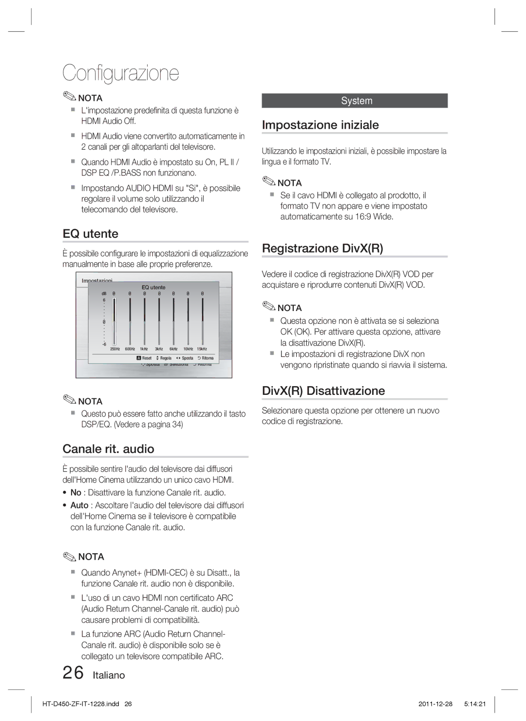 Samsung HT-D455/ZF manual Impostazione iniziale, EQ utente, Registrazione DivXR, Canale rit. audio, DivXR Disattivazione 