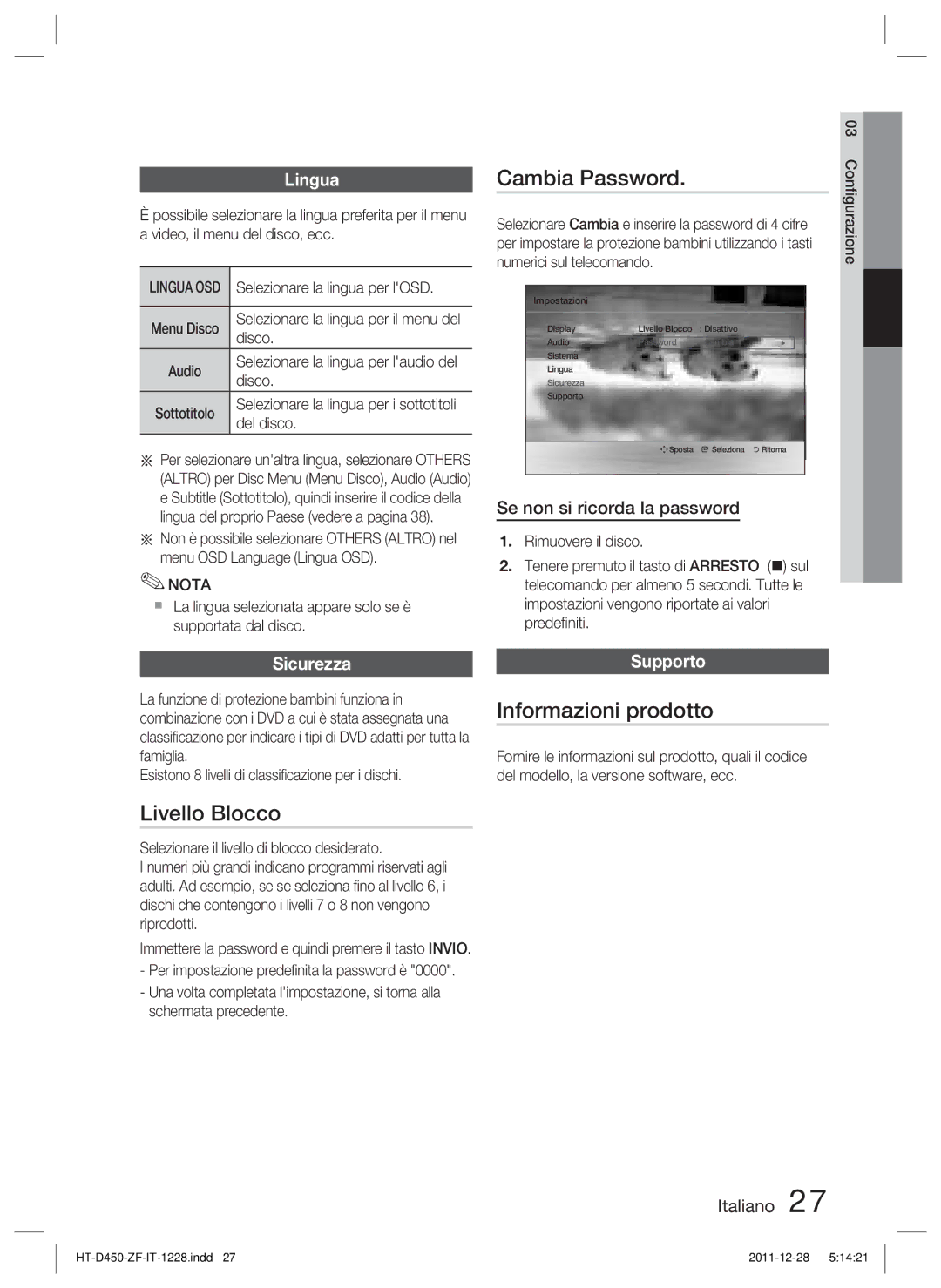 Samsung HT-D455/ZF manual Livello Blocco, Informazioni prodotto, Lingua, Sicurezza, Supporto 