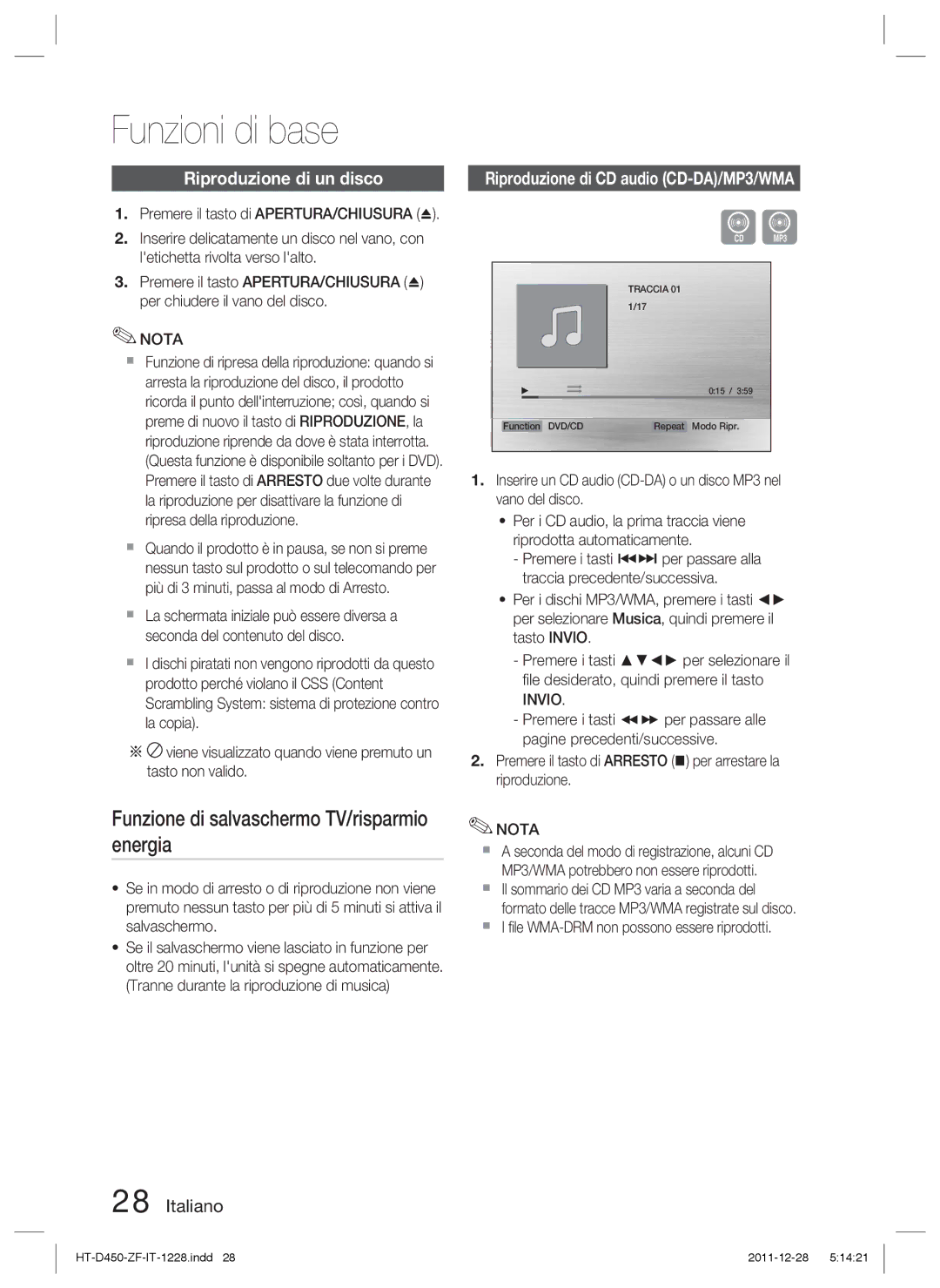 Samsung HT-D455/ZF manual Funzioni di base, Funzione di salvaschermo TV/risparmio energia, Riproduzione di un disco 