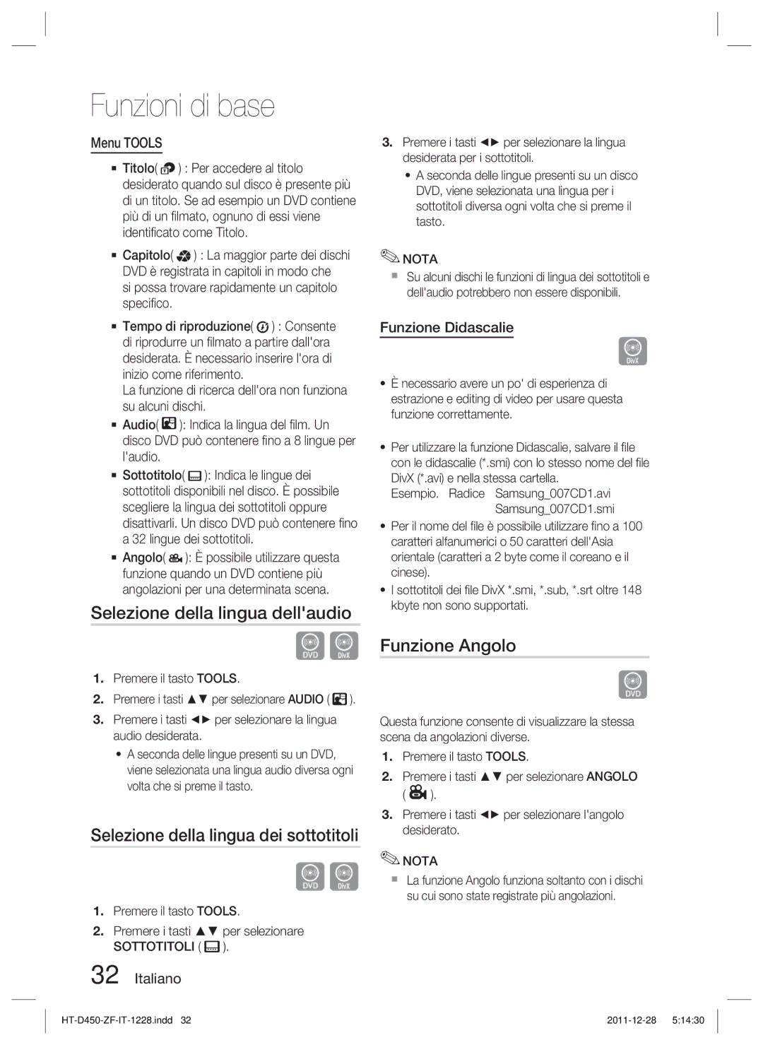 Samsung HT-D455/ZF Selezione della lingua dellaudio, Selezione della lingua dei sottotitoli, Funzione Angolo, Menu Tools 