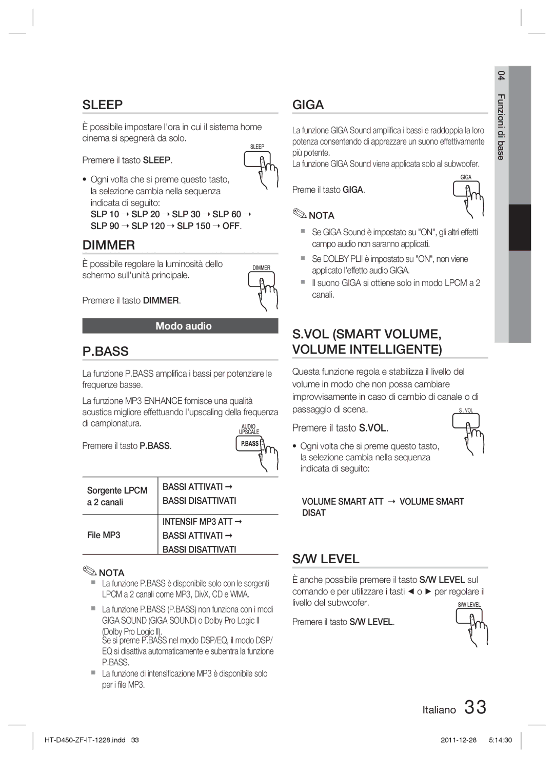 Samsung HT-D455/ZF manual Bass VOL Smart VOLUME, Volume Intelligente, Modo audio, Premere il tasto S.VOL 