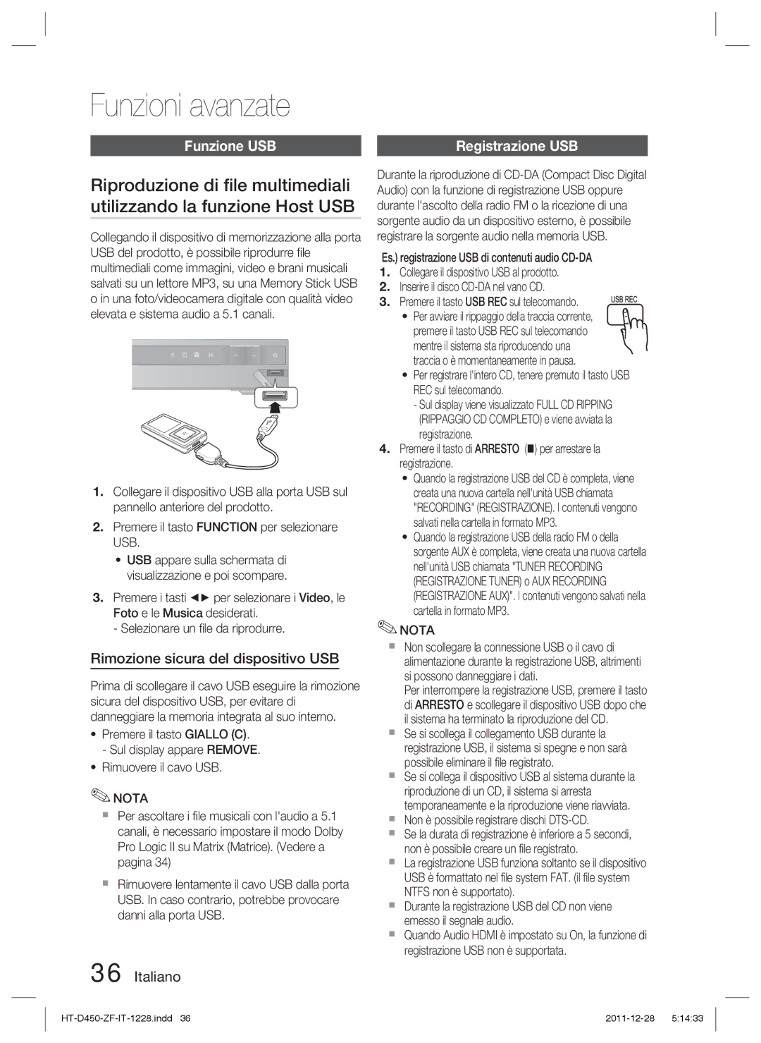 Samsung HT-D455/ZF manual Funzioni avanzate, Funzione USB, Rimozione sicura del dispositivo USB, Registrazione USB 