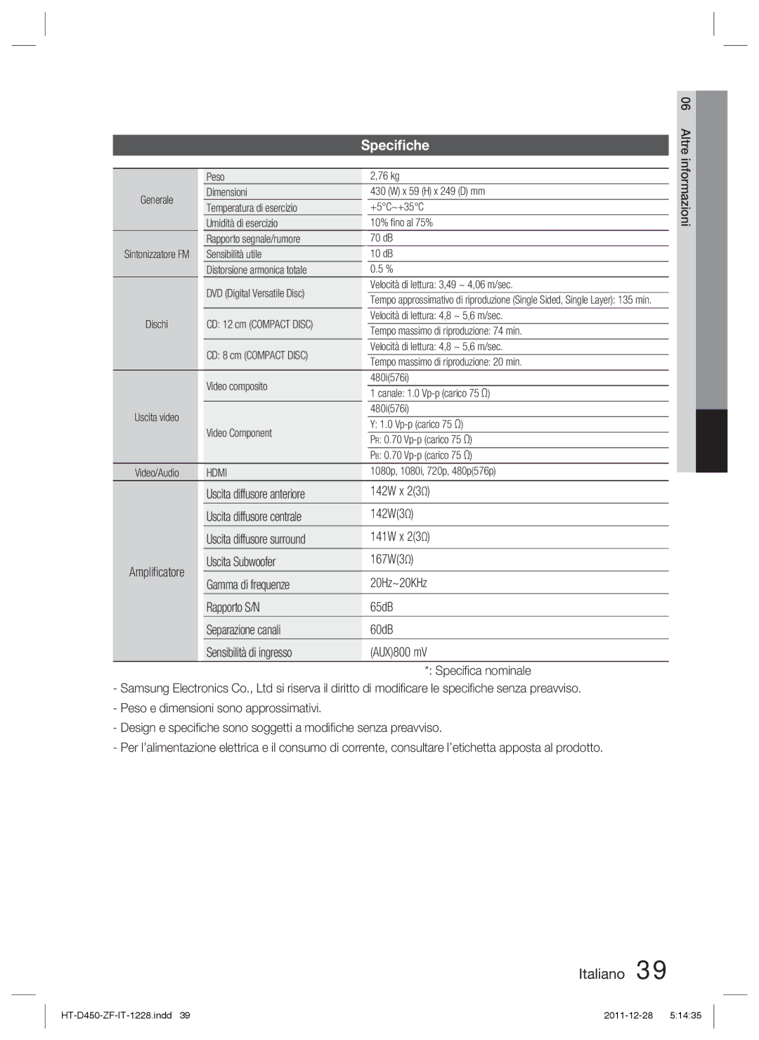 Samsung HT-D455/ZF manual Speciﬁche 
