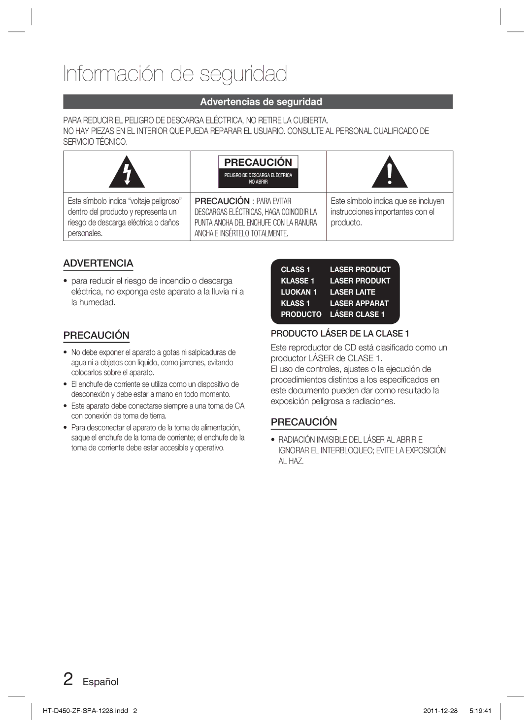 Samsung HT-D455/ZF manual Información de seguridad, Advertencias de seguridad, Español, Precaución Para Evitar 