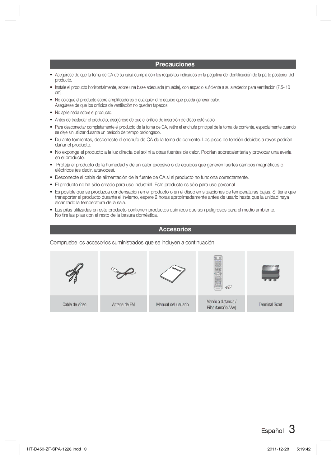 Samsung HT-D455/ZF manual Precauciones, Accesorios, Cable de vídeo Antena de FM Manual del usuario, Terminal Scart 
