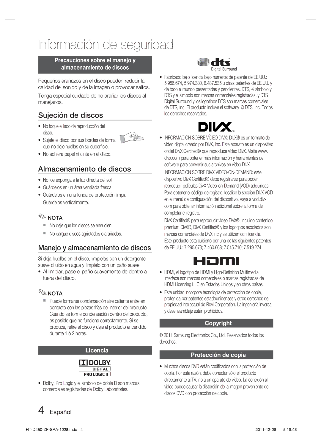 Samsung HT-D455/ZF manual Sujeción de discos, Almacenamiento de discos, Manejo y almacenamiento de discos 