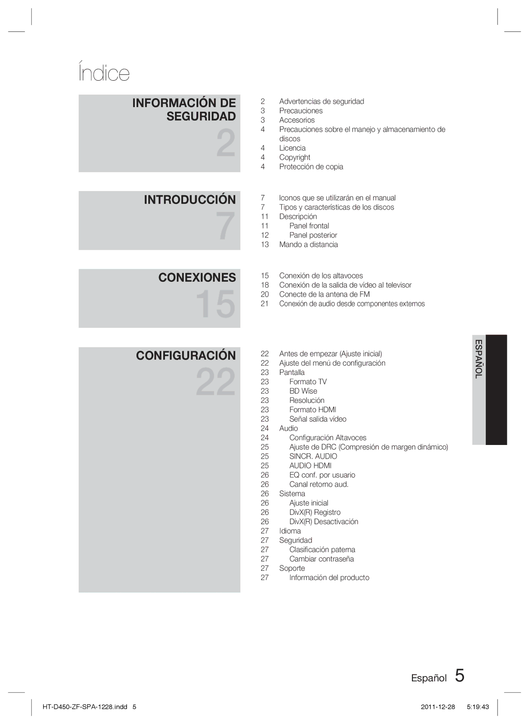 Samsung HT-D455/ZF manual Índice 