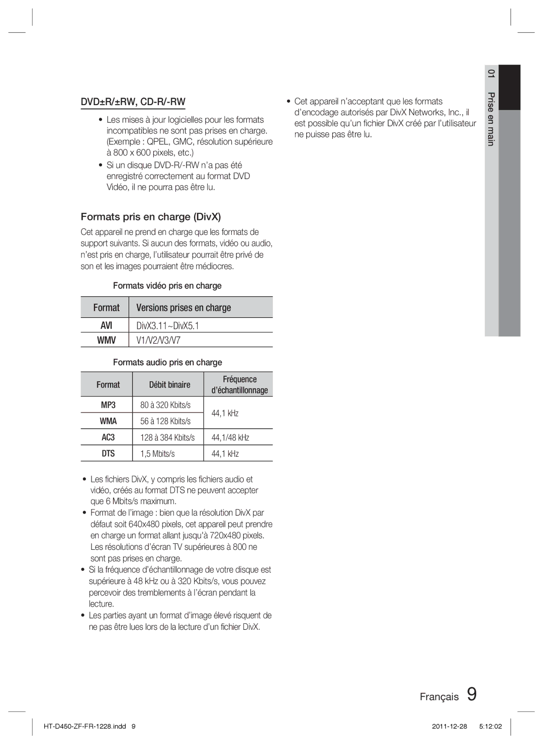 Samsung HT-D455/ZF manual Formats pris en charge DivX, Format Versions prises en charge, V1/V2/V3/V7 