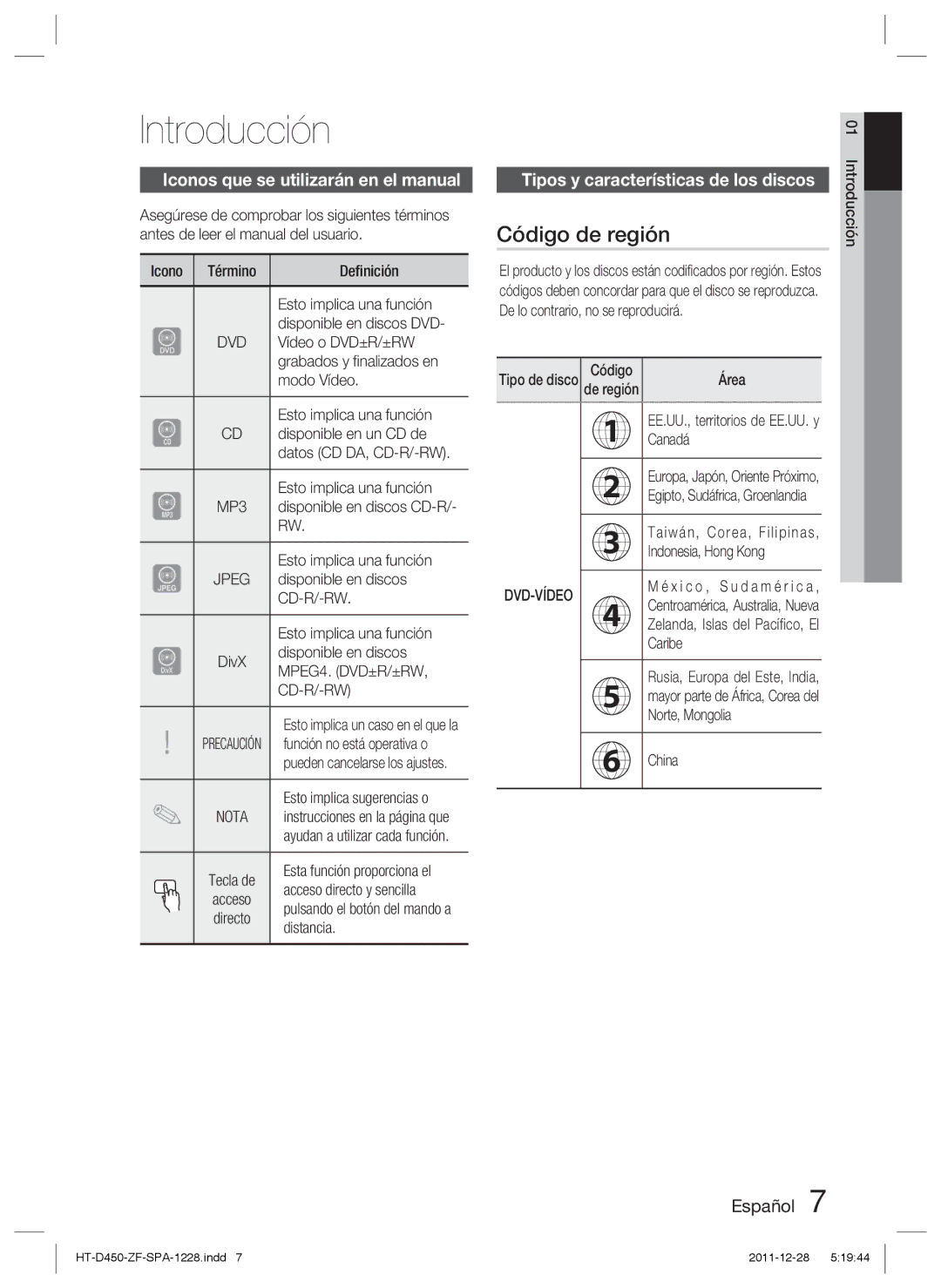 Samsung HT-D455/ZF Introducción, Código de región, Iconos que se utilizarán en el manual, MPEG4. DVD±R/±RW CD-R/-RW 