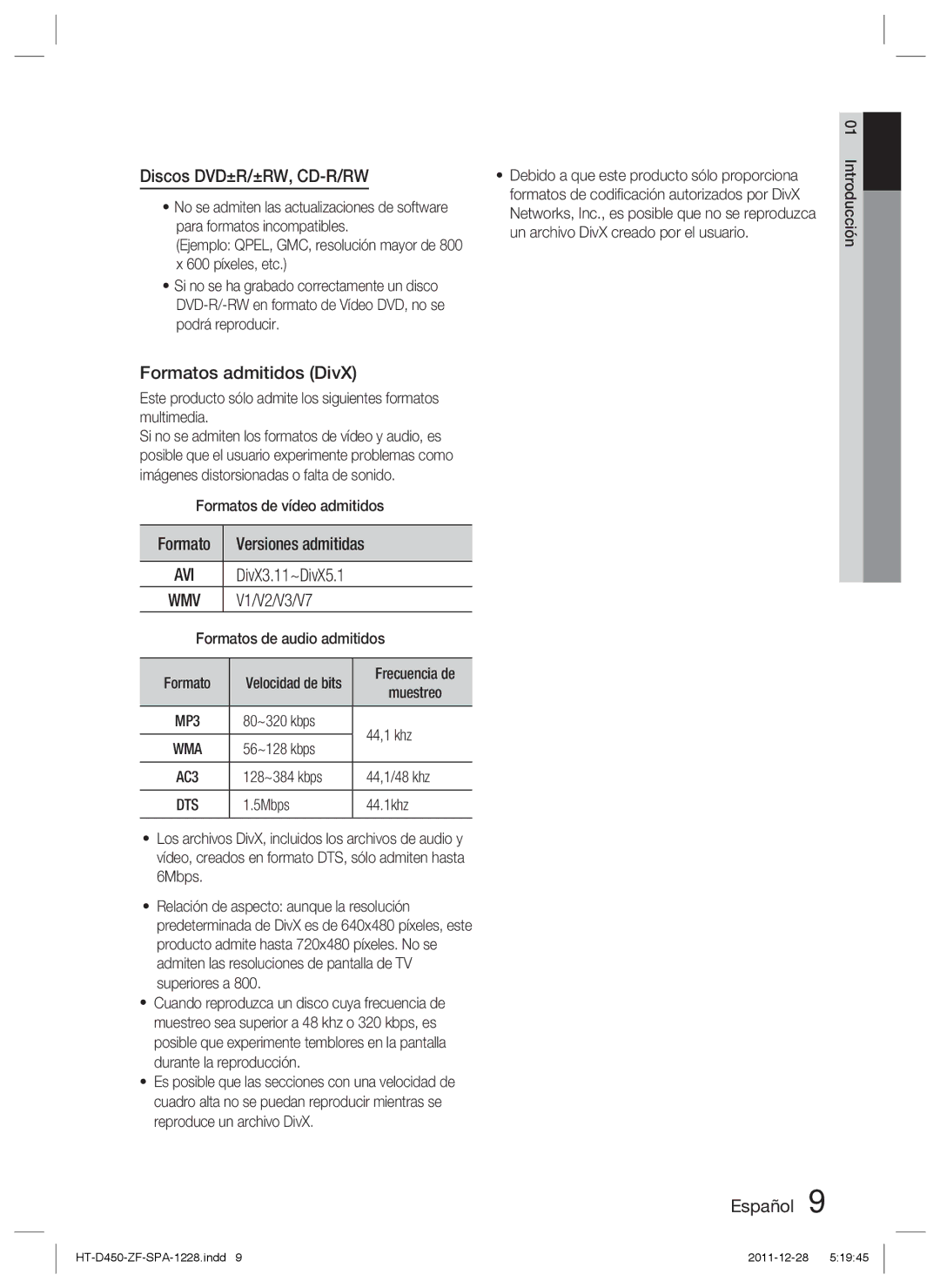 Samsung HT-D455/ZF manual Discos DVD±R/±RW, CD-R/RW, Formatos admitidos DivX, Formatos de vídeo admitidos 