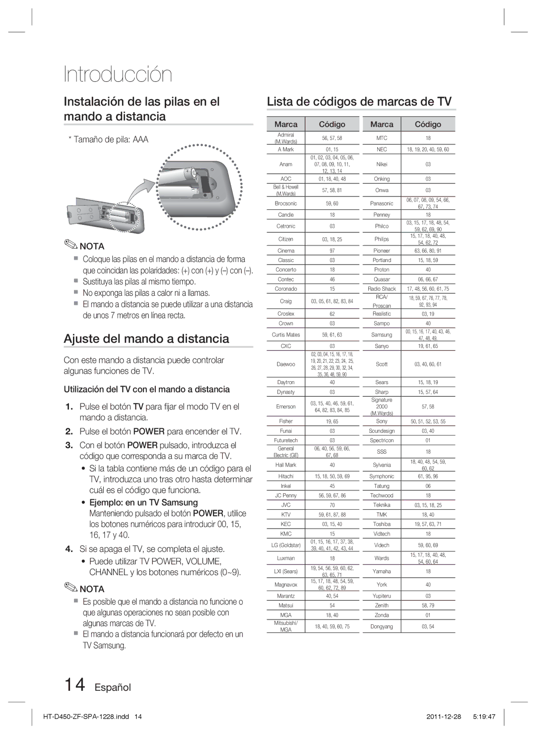 Samsung HT-D455/ZF manual Ajuste del mando a distancia, Tamaño de pila AAA, Marca Código 