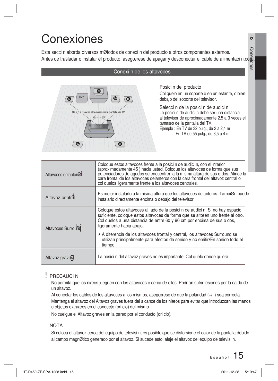 Samsung HT-D455/ZF manual Conexiones, Conexión de los altavoces, Precaución 