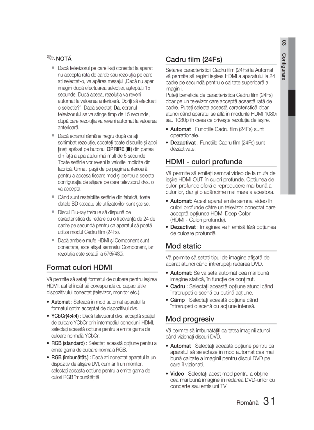 Samsung HT-D5000/EN manual Format culori Hdmi, Cadru ﬁlm 24Fs, Hdmi culori profunde, Mod static, Mod progresiv 