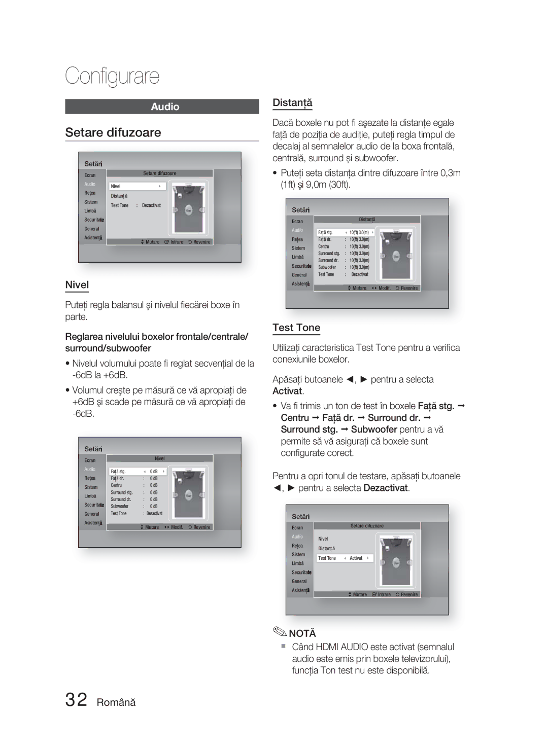 Samsung HT-D5000/EN manual Setare difuzoare, Audio 